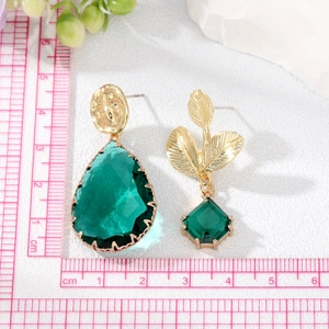 Emerald green crystal drop earrings with geometric gold metal design for women