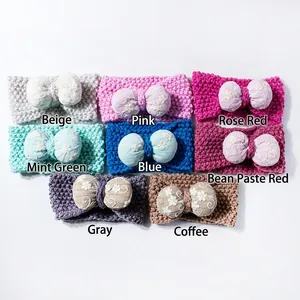 Set of 8 colorful knitted baby headbands with lace embroidered bow knots on white background