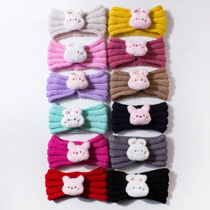 Set of 12 colorful knitted baby headbands with cute 3D plush animal ears and characters