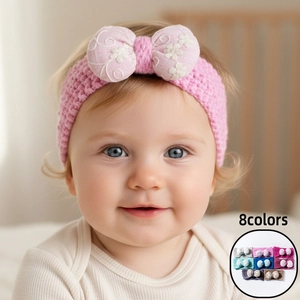 Bandeau Tricoté pour Bébé en Polyester Doux Chaud pour l'Hiver Avec Nœud Brodé Motif Floral Accessoires de Cheveux