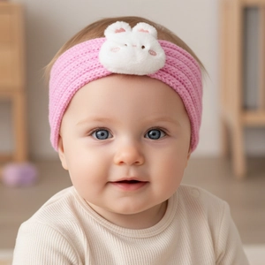 Close-up of pink knitted baby headband featuring a white plush bunny detail on an infant