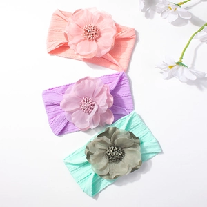 Lot de 3 bandeaux pour bébé avec grandes fleurs en tissu jacquard rose violet et vert