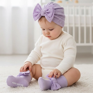 Detailed knit texture of light purple baby bow hat and socks set on white rug