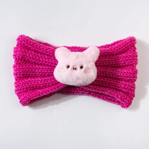Knitted rose red baby headband with cute pink plush pig cartoon for winter warmth