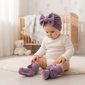 Detailed view of baby girl purple jacquard hat and bow socks set on a nursery floor