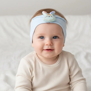 Detail of baby headband with blue ribbed knit fabric and cute rabbit embroidery