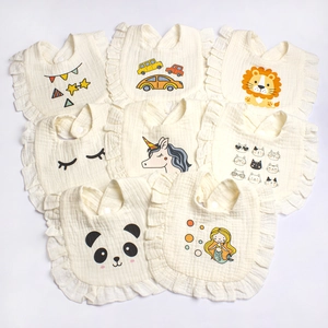 8-pack pure cotton gauze baby bibs with cartoon animals and ruffled edge details