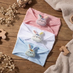 Set of 3 baby jacquard headbands with plush rabbit ears in pink white and blue