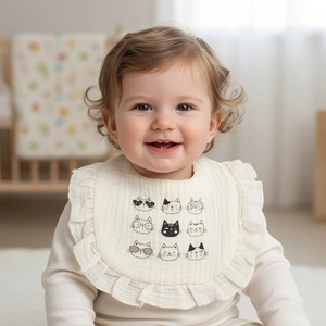 Close-up of baby bib with cute cartoon cat pattern and soft ruffle trim details