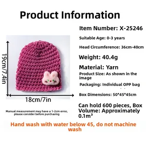 Detailed chart showing size and care for pink knitted baby hat with bunny patch