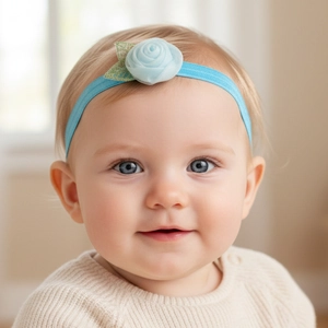 Detail of baby headband featuring sky blue chiffon rose and elastic stretch fabric strap
