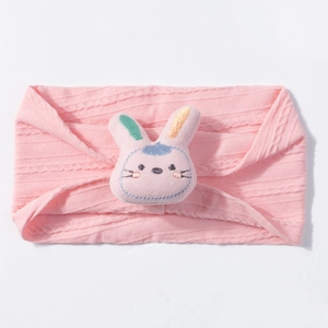 Pink knitted baby headband with a cute 3D plush rabbit head and soft elastic fabric