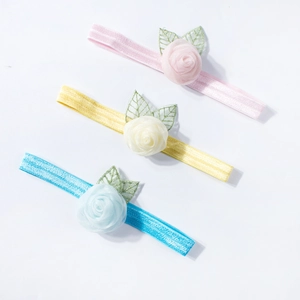 Three-piece baby elastic headbands with delicate mesh rose flowers and green leaf accents