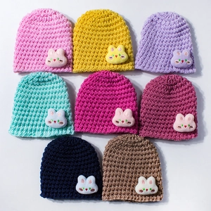 Knitted crochet baby beanies with cute 3D bunny patch in multiple vibrant colors