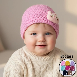 Baby Knitted Beanie Hat Winter Warm Crochet Cap With Cartoon Rabbit Patch For Infants Toddlers Soft Polyester Headwear