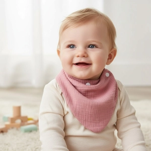 Detail of rose pink cotton muslin baby bib featuring adjustable white plastic side snap buttons