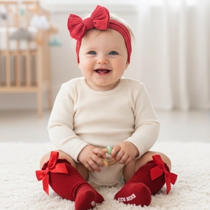 Detail of red knit baby headband and bow socks set on soft white plush carpet
