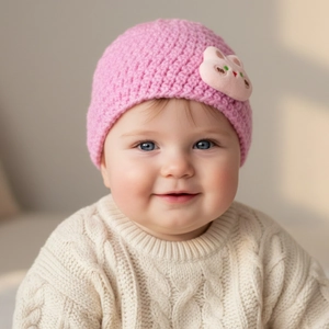 Pink knit baby beanie with cute 3D bunny plush detail and soft crochet texture