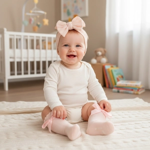 Close-up of pink bow headband and matching knit socks on a baby girl outfit set