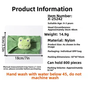 Detailed size chart of green knitted baby frog headband with nylon elastic measurements