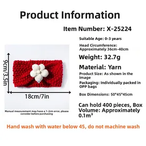 Detailed size chart for red knit baby headband featuring a 9x18cm measurement and soft flower