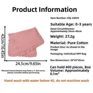 Pink cotton baby burp cloth with ruffled edges and detailed product dimensions shown