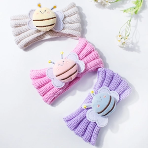 3-pack knitted baby headbands with cute plush cartoon bees in beige, pink and purple