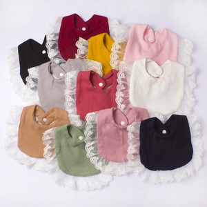 Breathable cotton baby bibs with lace edges and snap buttons in multi-color collection