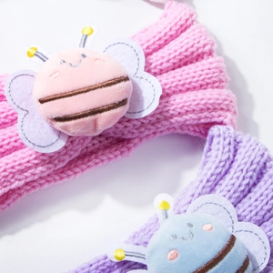Pink and purple knitted baby headbands with cute 3D plush bee decorations for winter