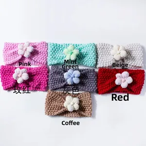 Detail of 7 colors knitted baby headbands with delicate 3D flowers and white pearl beads