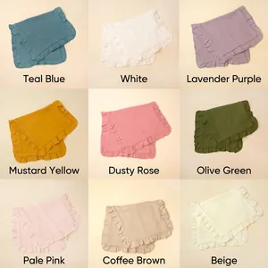 Detailed grid view of 9 colors of cotton muslin baby burp cloths with ruffle edges