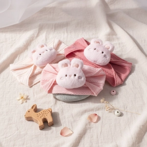 Set of 3 newborn elastic headband with cute plush rabbit in cream, pink and rose colors