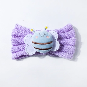 Handmade purple knitted baby headband featuring a 3D cute plush bee accessory