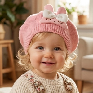 Cute Rabbit Ear Polyester Knit Beret Hat For Baby Toddler Infants Warm Winter Painter Hat Beanie Cap For Boys Girls