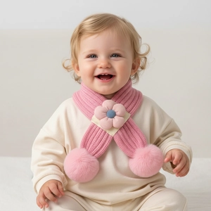 Écharpe en Tricot pour Bébé Avec Décoration Florale 3D et Pompons Cache-cou d'Hiver Chaud en Fil Souple pour Fillettes