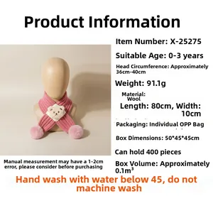 Size chart for knit baby scarf with bear detail showing 80x10cm dimensions and care guide