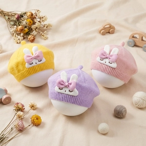 Cute baby bunny beret hat with 3D rabbit patch for autumn and winter warmth