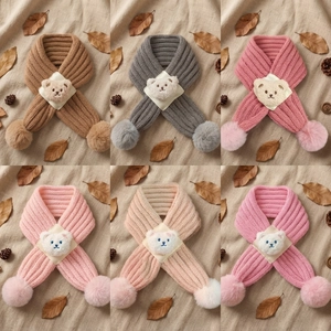 Cozy baby bear neck warmer in six colors with pompom and plush bear design