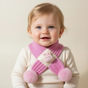 Baby Winter Knitted Scarf Cute Cartoon Animal Rabbit Bear Pattern Warm Windproof Toddler Neck Warmer With Pom Poms