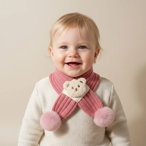 Baby Knitted Scarf With Cute Bear Patch Pom-poms Winter Warm Neck Warmer Soft Infant Toddler Neck Scarf For Boys Girls