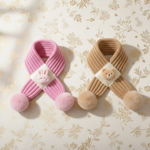 Cute cartoon animal knitted scarves for babies with plush pom-poms and rabbit bear patches