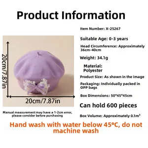 Guide des tailles du béret violet pour bébé avec nœud et détails en perles