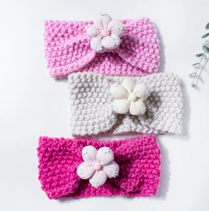 Three-piece baby floral knit headbands set in pink, cream, and rose red for winter warmth