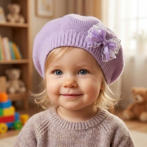 Gros plan du béret en maille pour bébé avec nœud satin, bordure dentelle et perles