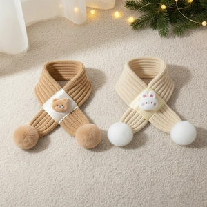 Cute knitted baby winter scarves with bear and bunny dolls and pompom details