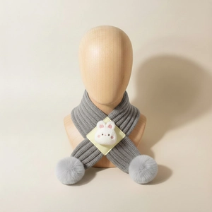Gray knitted baby neck warmer scarf featuring a cute white plush bunny and pompoms