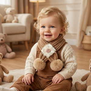 Détail d'une écharpe bébé en tricot à fleurs avec pull torsadé et salopette en velours côtelé