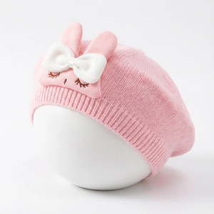 Pink knit baby bunny beret with cute ears and bow, soft artist hat for infants and toddlers