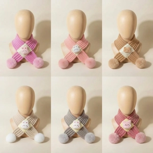 Cozy cartoon animal knit scarves for kids with plush bear charms and soft pom poms