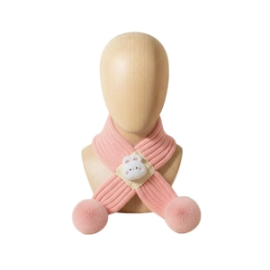 Pink knitted baby scarf with a cute plush bunny and poms for windproof autumn warmth
